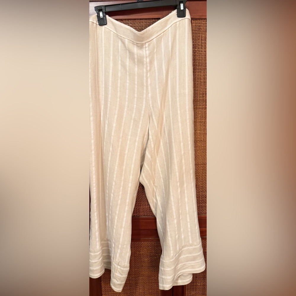LOFT Tan & Cream Linen Blend Striped Wide-leg Palazzo Pants